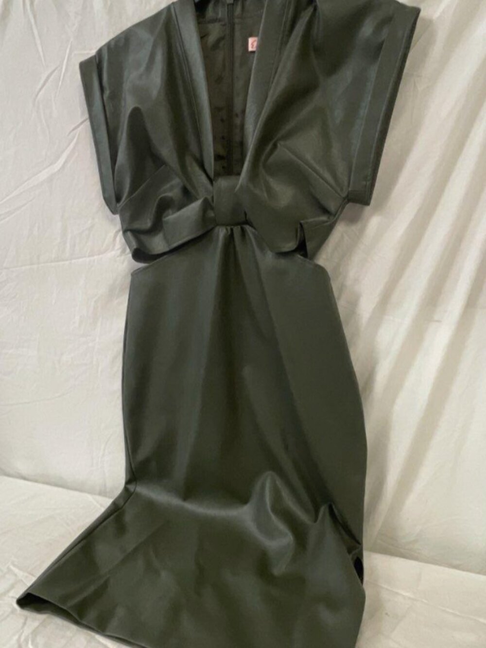 Anthropologie Eva Franco Olive Green Vegan Leather Cutout Midi Dress Size 8 - Picture 2 of 7